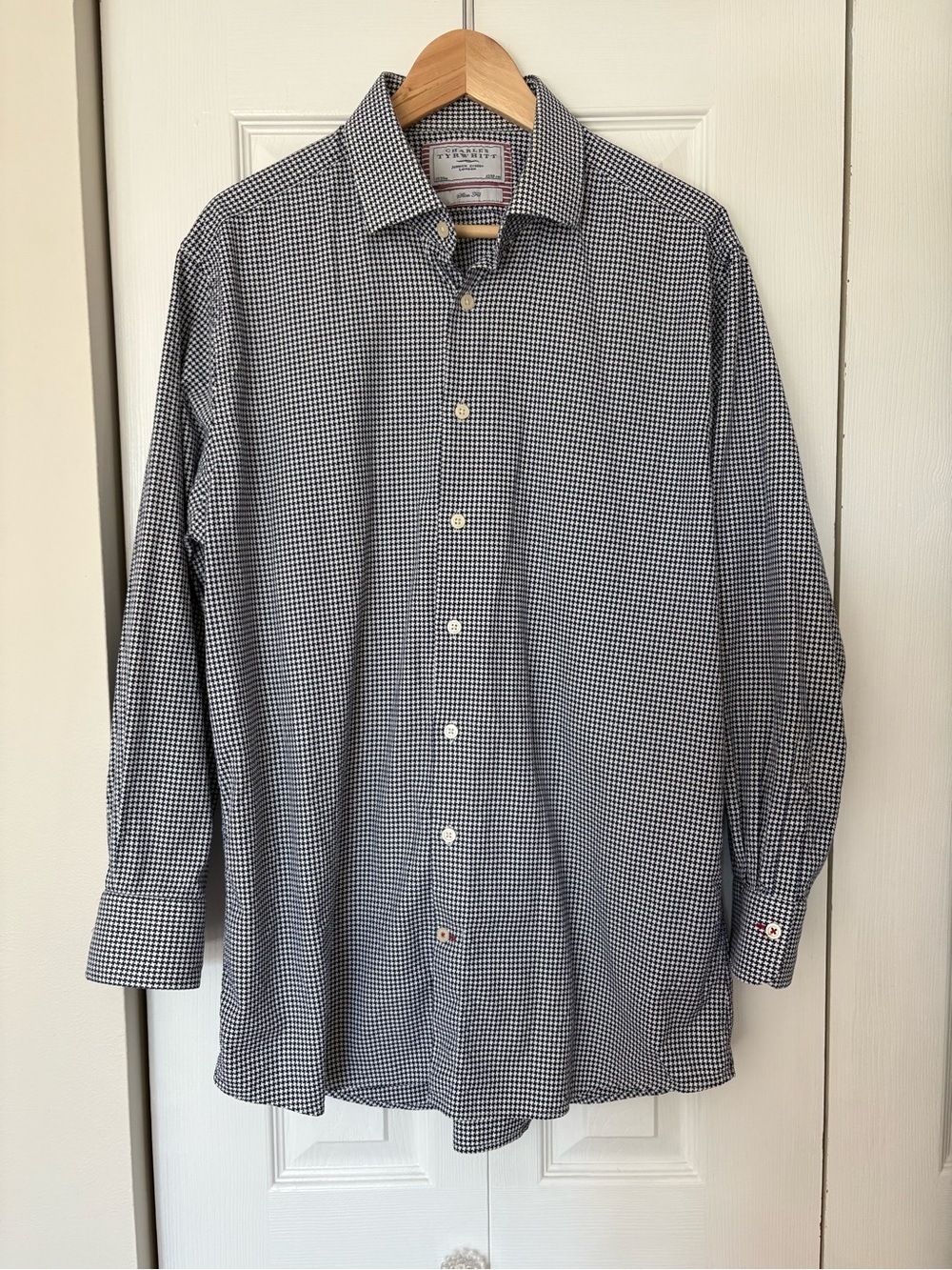 Charles Tyrwhitt Non-Iron Slim Fit Dress Shirt 17/35 Puppytooth Navy White Check